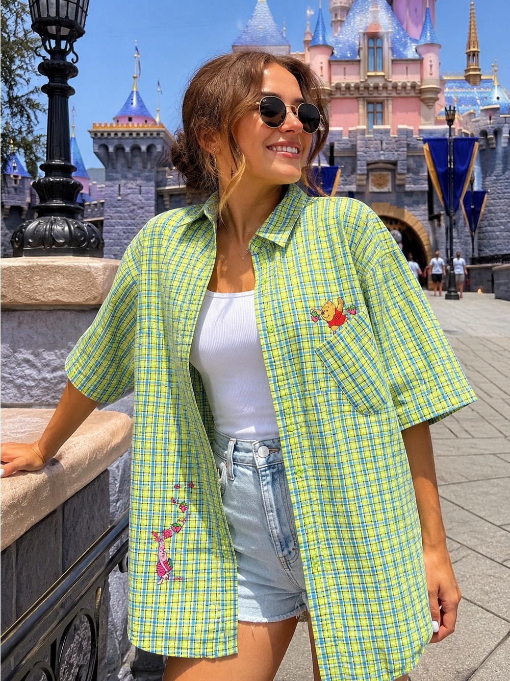 Vintage Disney Pooh Piglet Oversized Plaid Button Up Shirt Plus Size
